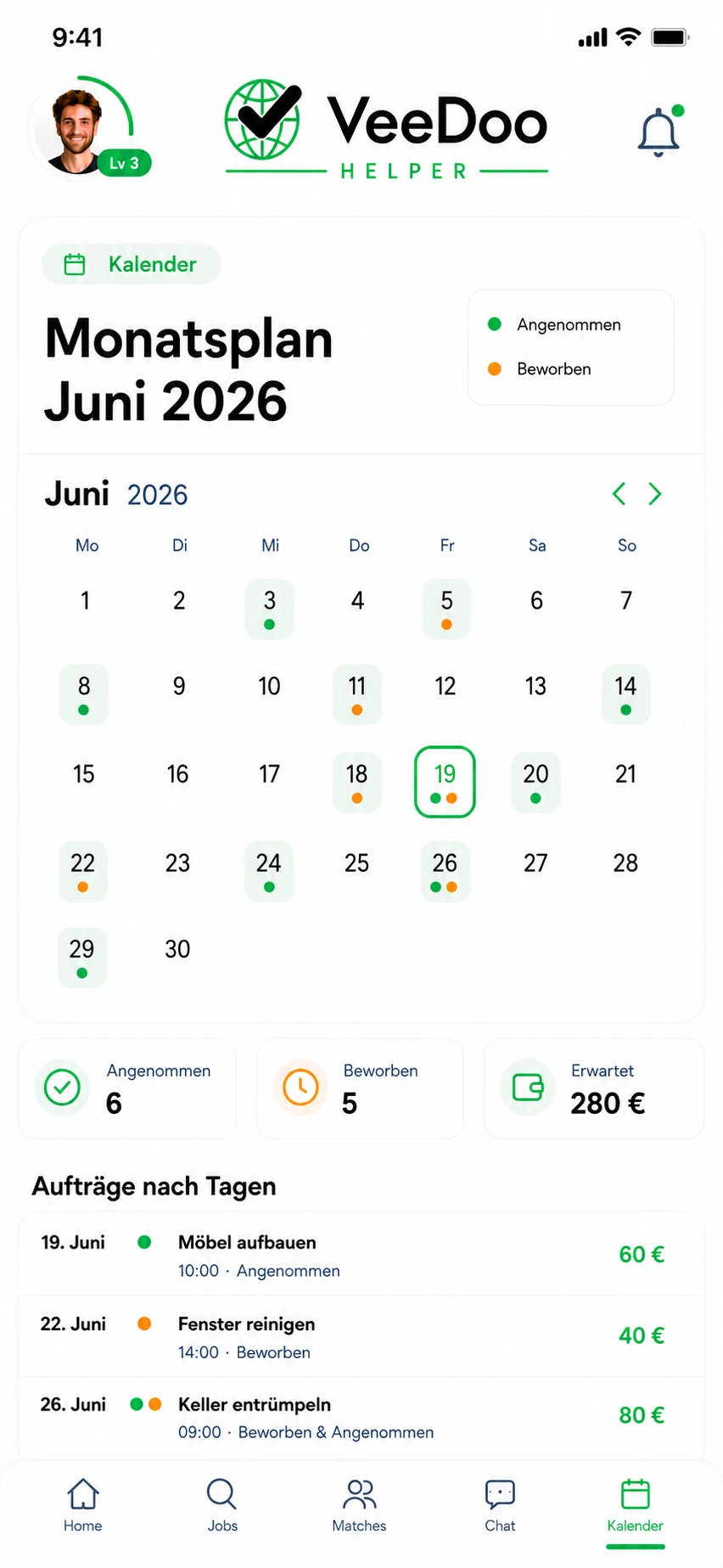 Aktueller VeeDoo Helper Kalender-Screen