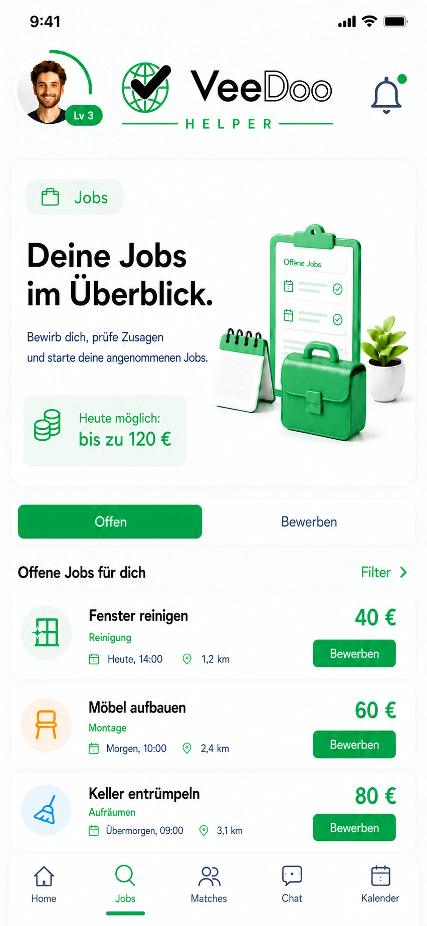 Aktueller VeeDoo Helper Jobs-Screen