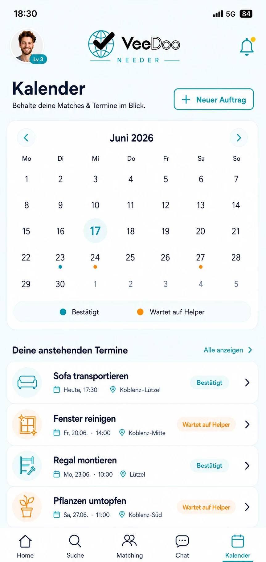 Aktueller VeeDoo Needer Kalender-Screen