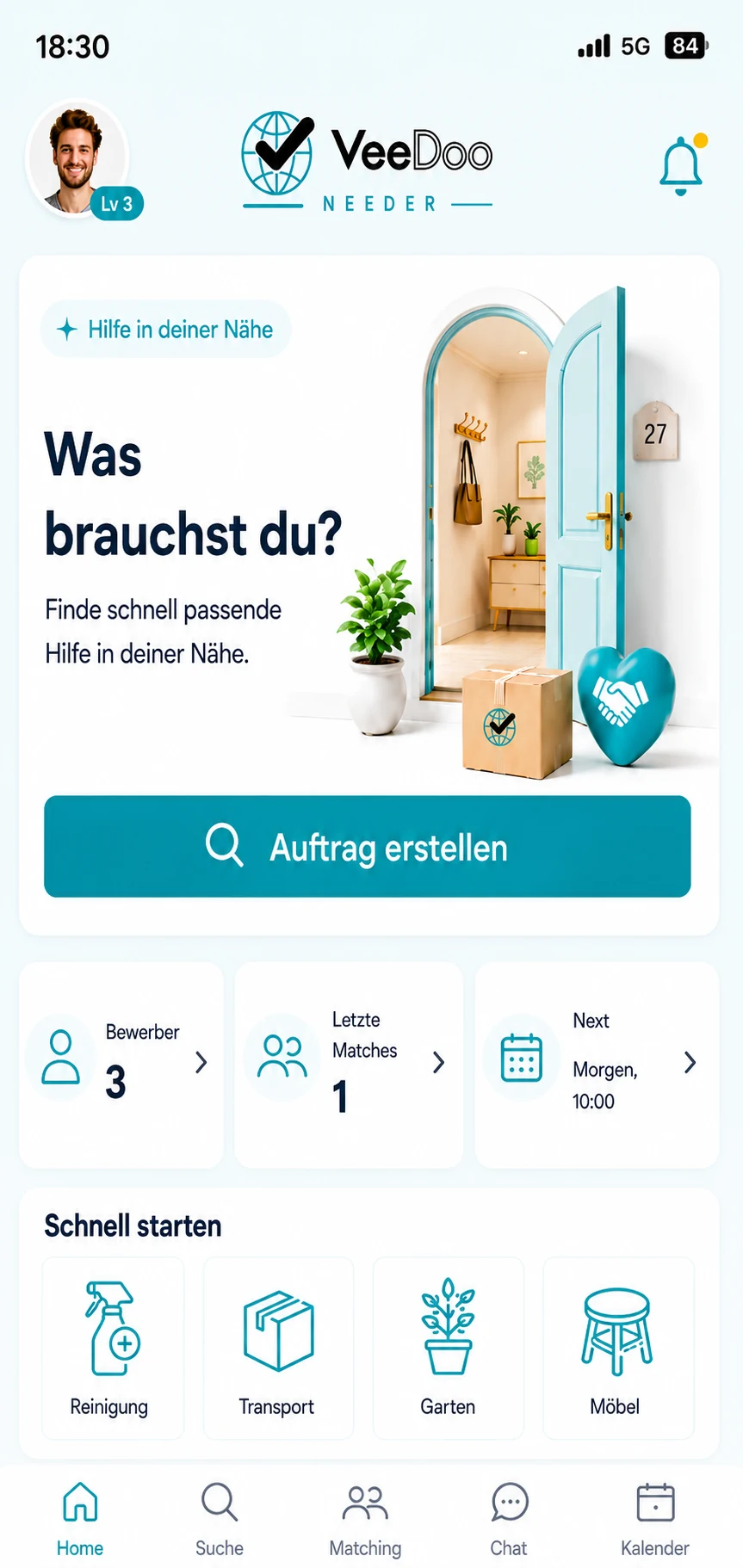Aktueller VeeDoo Needer Home-Screen