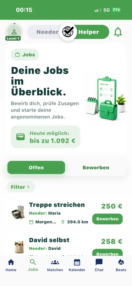 Aktueller VeeDoo Helper Jobs-Screen
